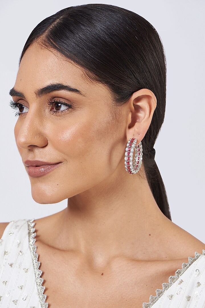 White Finish Faux Diamonds & Red Stone Hoop Earrings by Aster at Pernia's Pop Up Shop