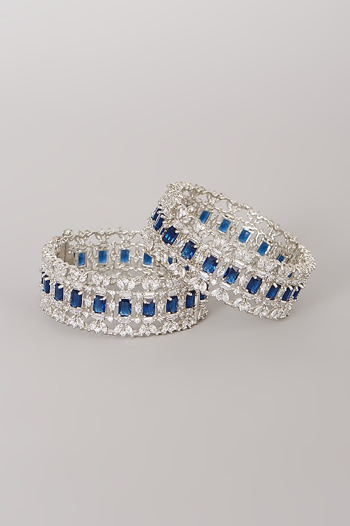 White Finish Blue Synthetic Stone Bangles (Set of 2) by Aster at Pernia's Pop Up Shop