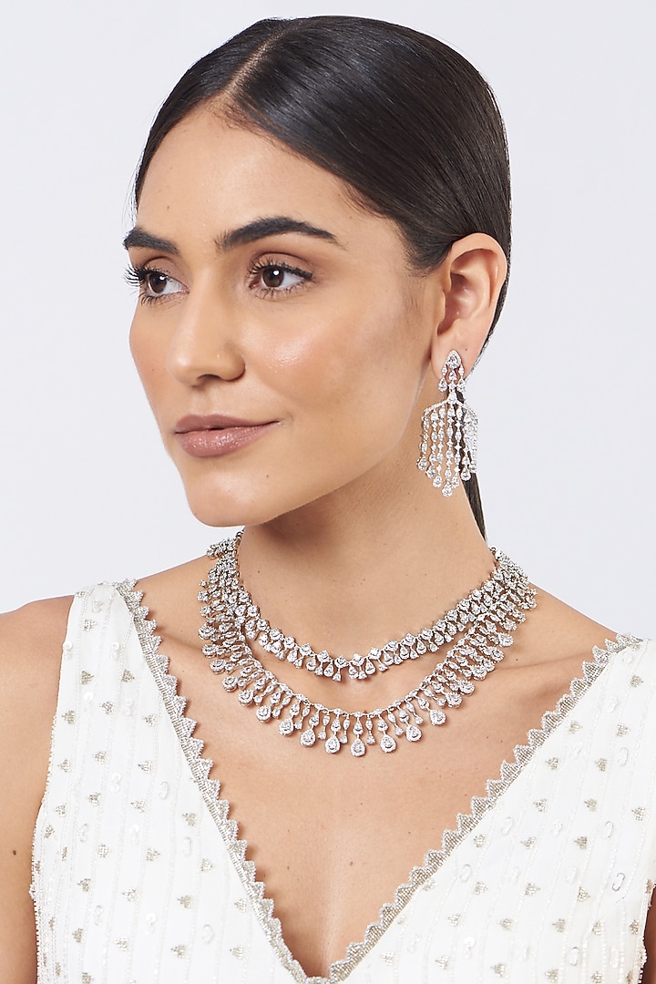 White Finish Faux Diamonds Necklace Set Design by Aster at Pernia's Pop