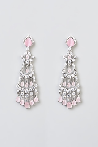 White Finish Pink Zircon Dangler Earrings by Aster