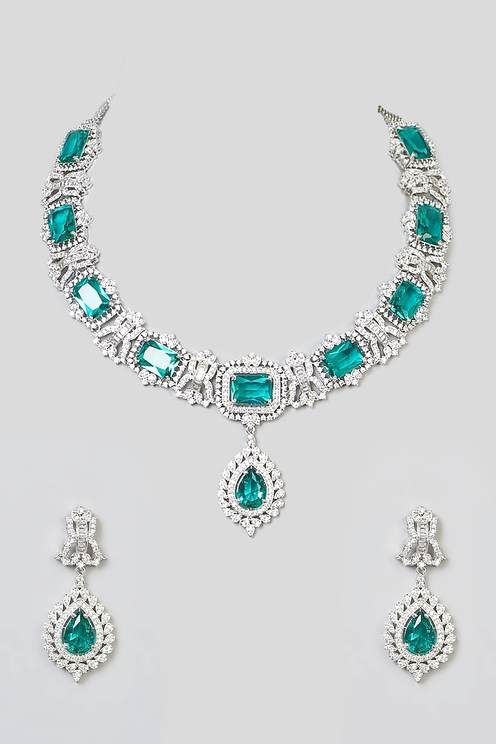 White Finish Zircon & Green Stone Necklace Set by Aster at Pernia's Pop Up Shop