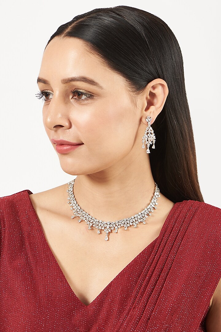 White Finish Necklace Set With Zircons by Aster at Pernia's Pop Up Shop