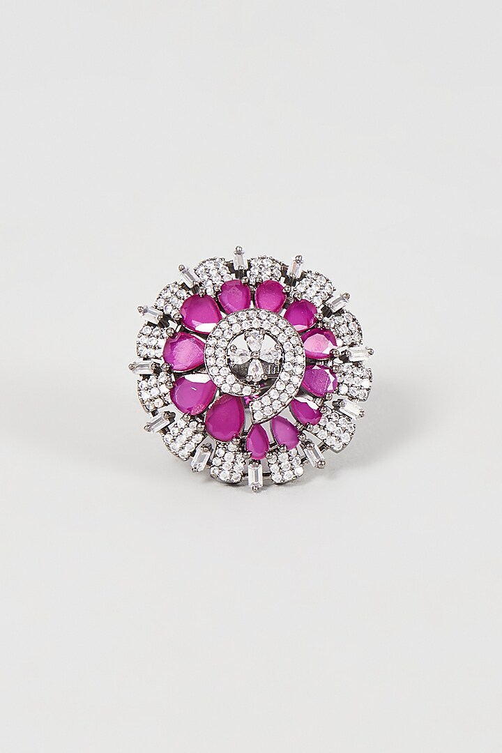 Black Rhodium Finish Faux Diamond & Red Stone Ring by Aster at Pernia's Pop Up Shop