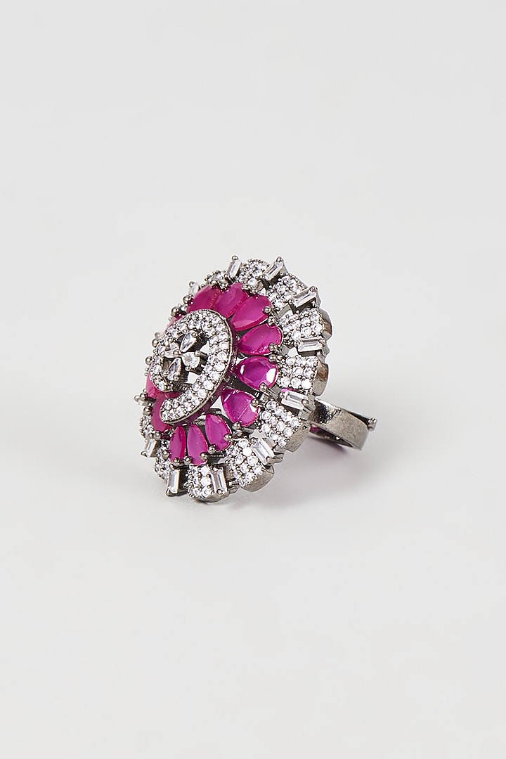 Black Rhodium Finish Faux Diamond & Red Stone Ring by Aster at Pernia's Pop Up Shop