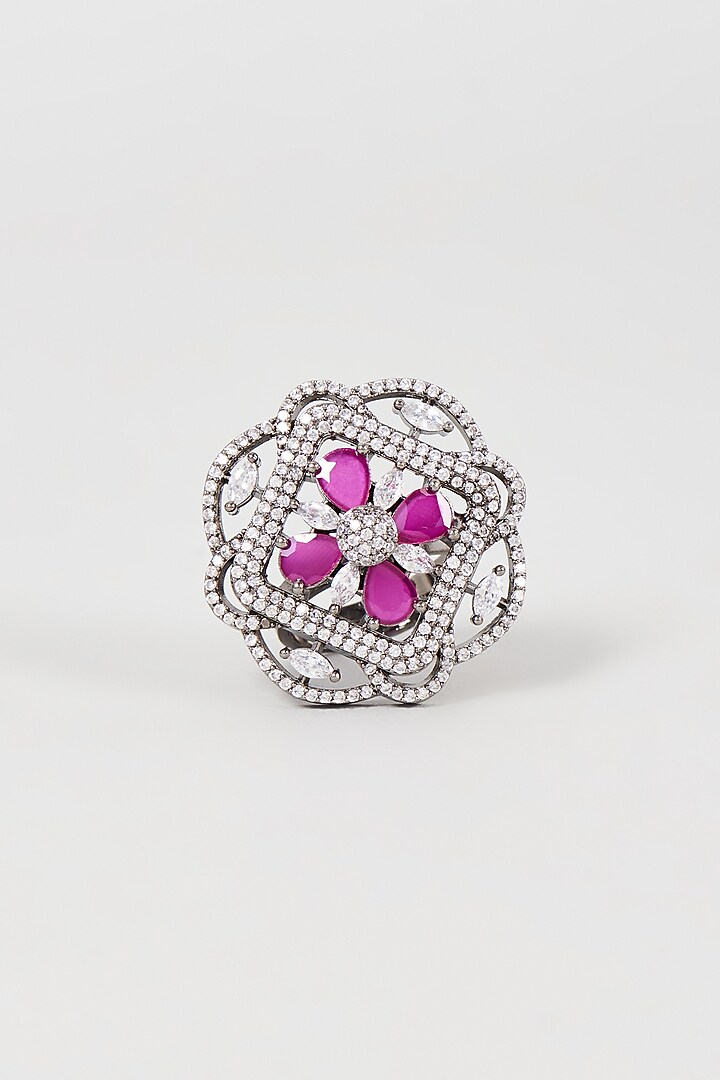 Black Rhodium Finish Faux Diamond & Pink Stone Ring by Aster at Pernia's Pop Up Shop