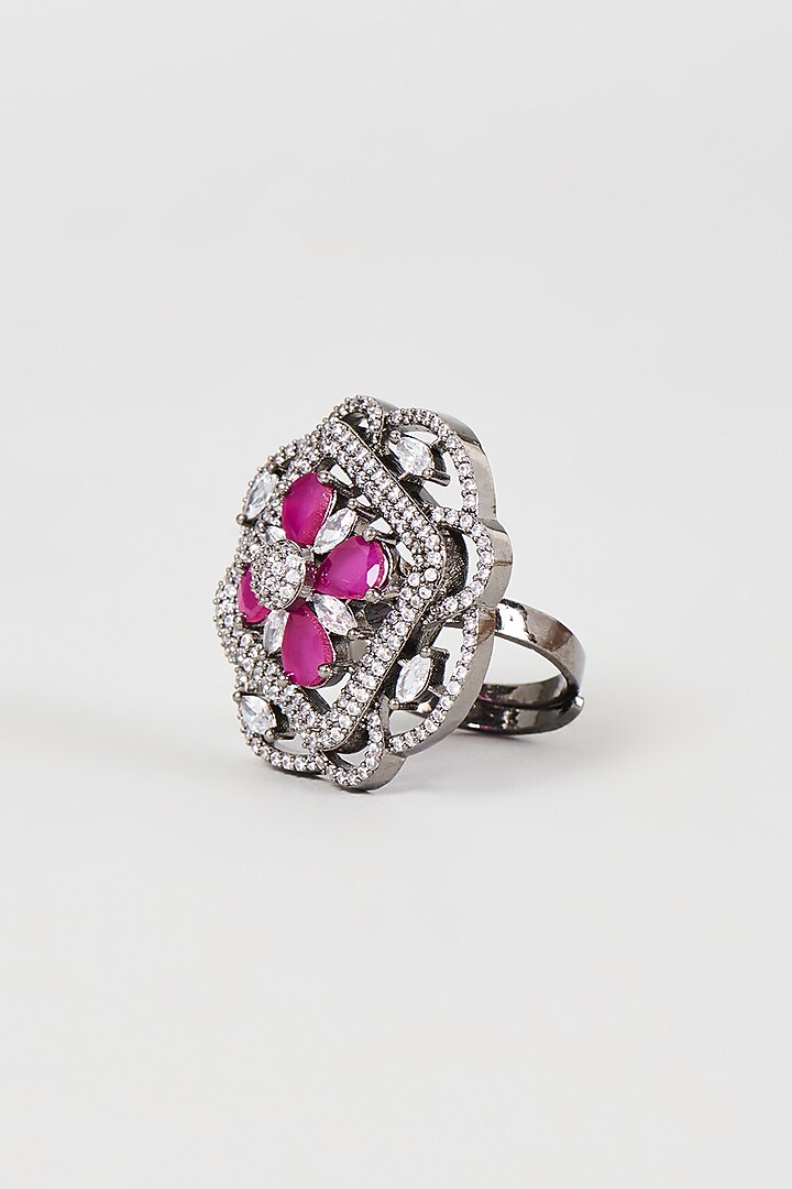 Black Rhodium Finish Faux Diamond & Pink Stone Ring by Aster at Pernia's Pop Up Shop