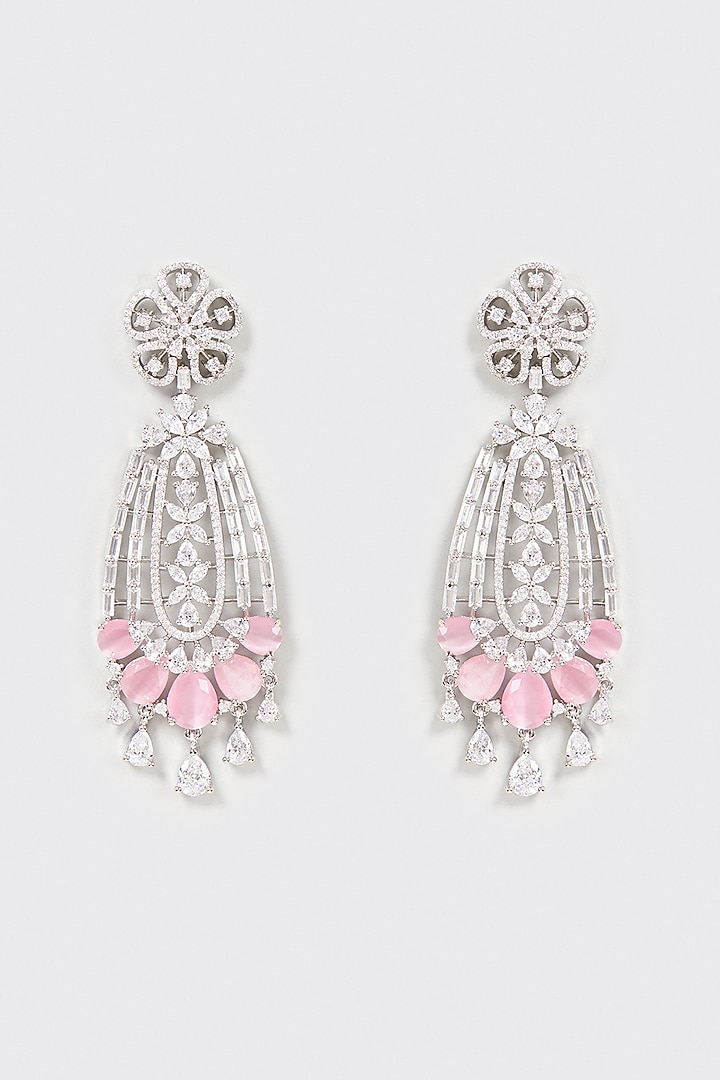 White Finish Faux Diamond & Pink Stone Dangler Earrings by Aster at Pernia's Pop Up Shop
