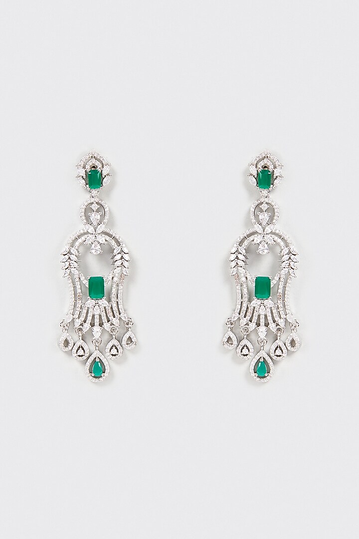 White Finish Faux Diamond & Green Stone Dangler Earrings by Aster at Pernia's Pop Up Shop