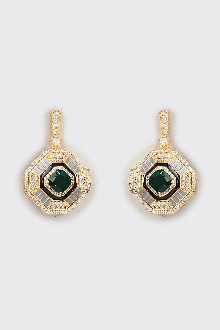 Gold Finish Faux Diamond & Green Stone Dangler Earrings by Aster at Pernia's Pop Up Shop