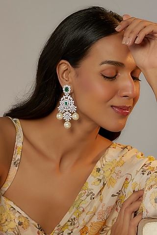 White Finish Zircon & Green Stone Dangler Earrings by Aster