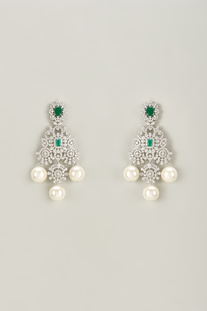 White Finish Zircon & Green Stone Dangler Earrings by Aster at Pernia's Pop Up Shop