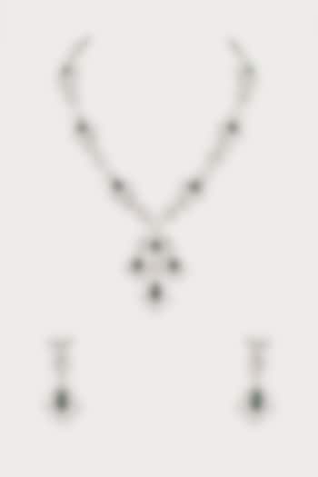 White Finish Faux Diamond & Emerald Long Necklace Set by Aster