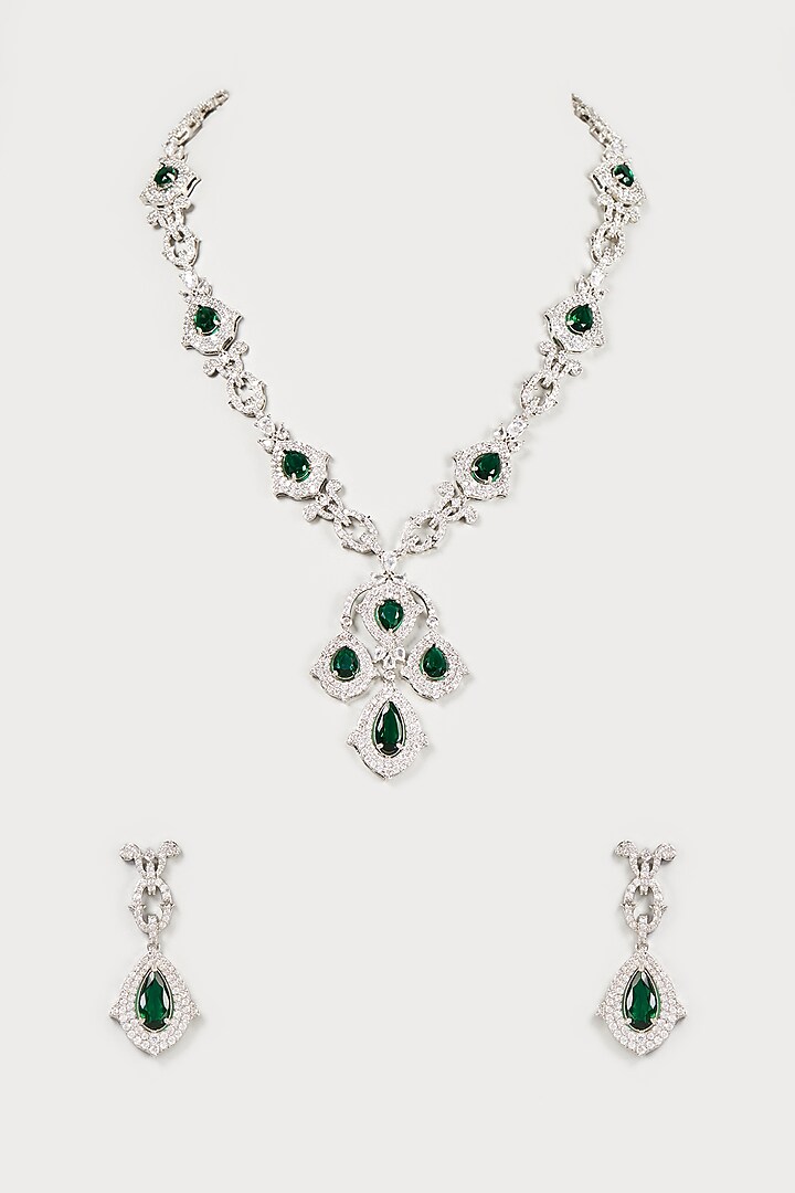 White Finish Faux Diamond & Emerald Long Necklace Set by Aster