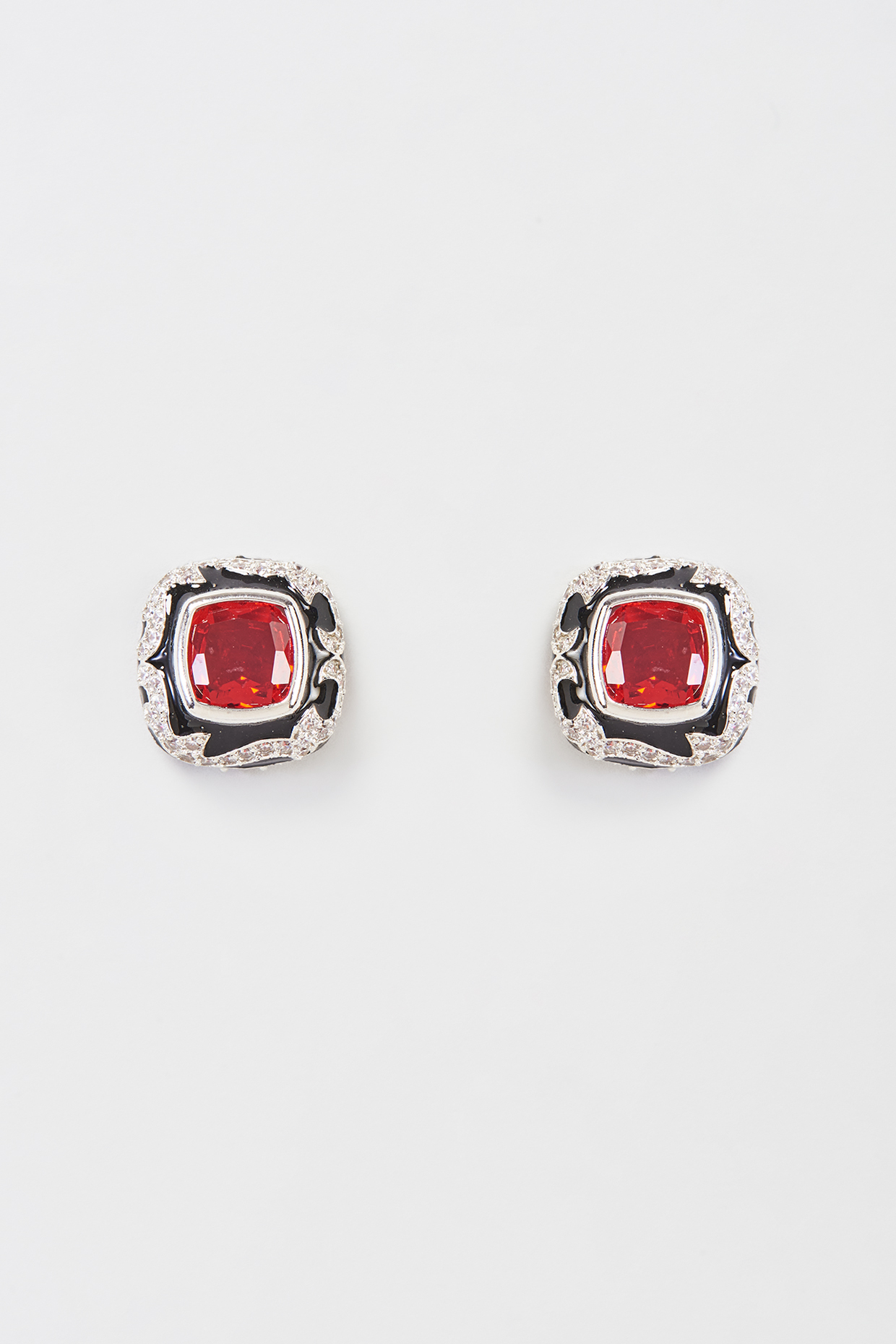 Black Rhodium Finish Faux Diamond & Ruby Stud Earrings by Aster