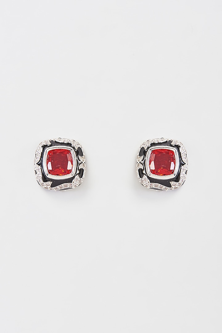 Black Rhodium Finish Faux Diamond & Ruby Stud Earrings by Aster