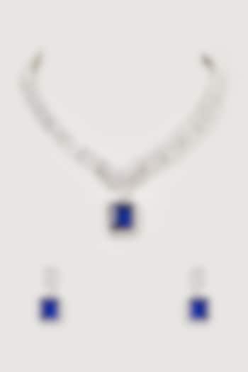 White Finish Faux Diamond & Sapphire Necklace Set by Aster