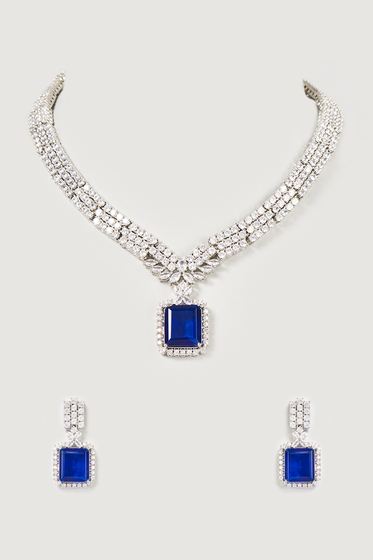 White Finish Faux Diamond & Sapphire Necklace Set by Aster