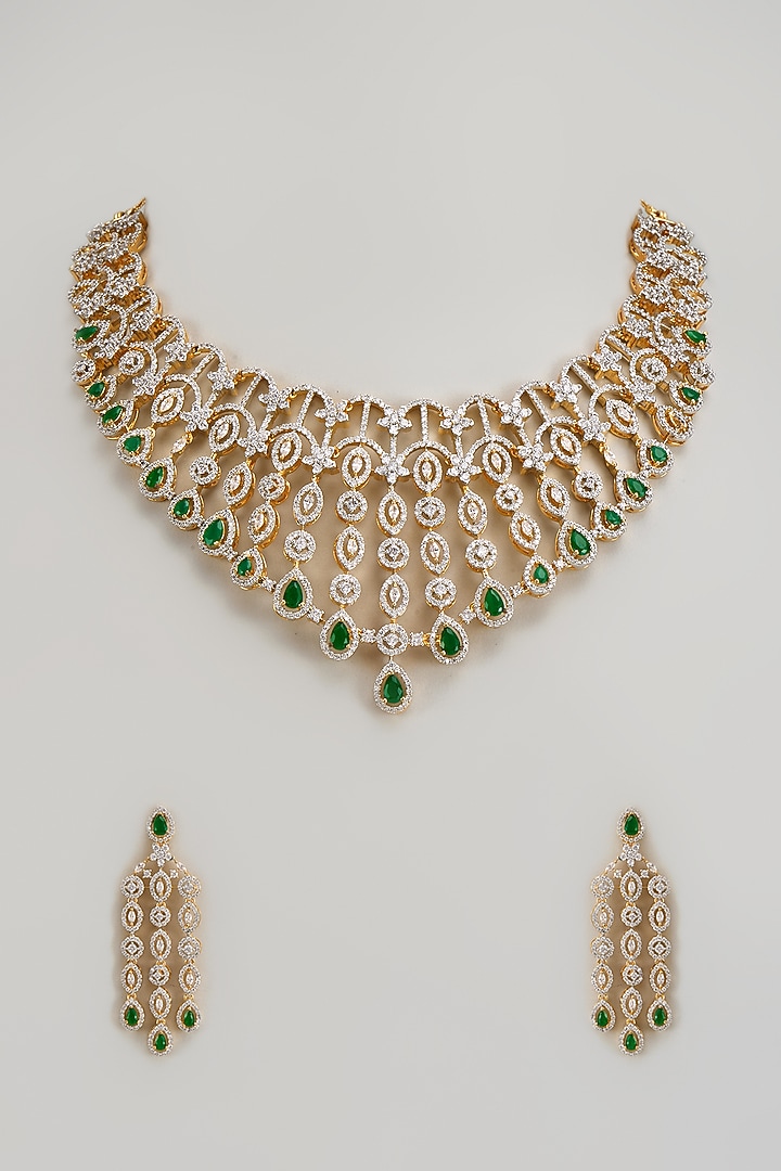 Gold Finish Zircon & Green Stone Necklace Set by Aster at Pernia's Pop Up Shop
