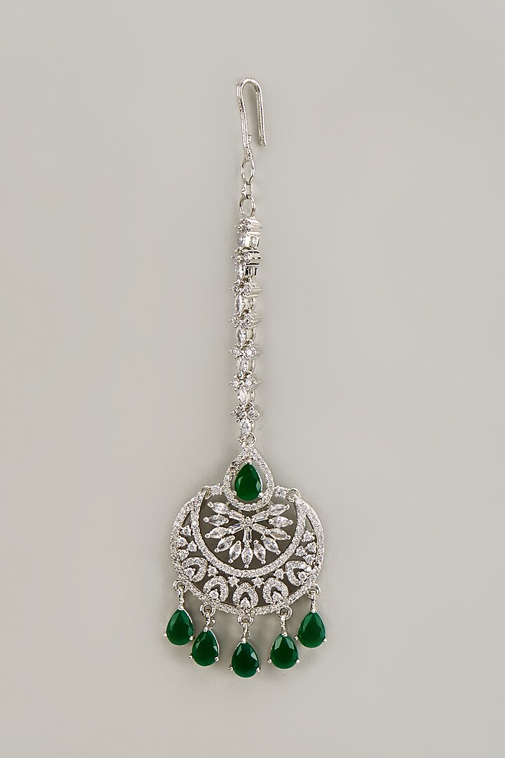 White Finish Zircon & Green Stone Maangtikka by Aster at Pernia's Pop Up Shop