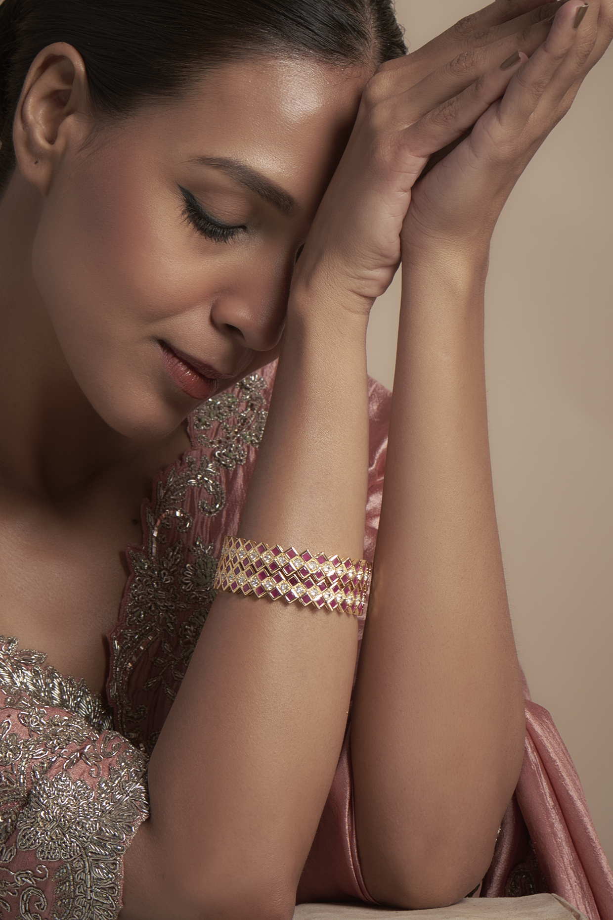 Gold Finish Zircon & Red Stone Bangles (Set of 2) by Aster at Pernia's Pop Up Shop