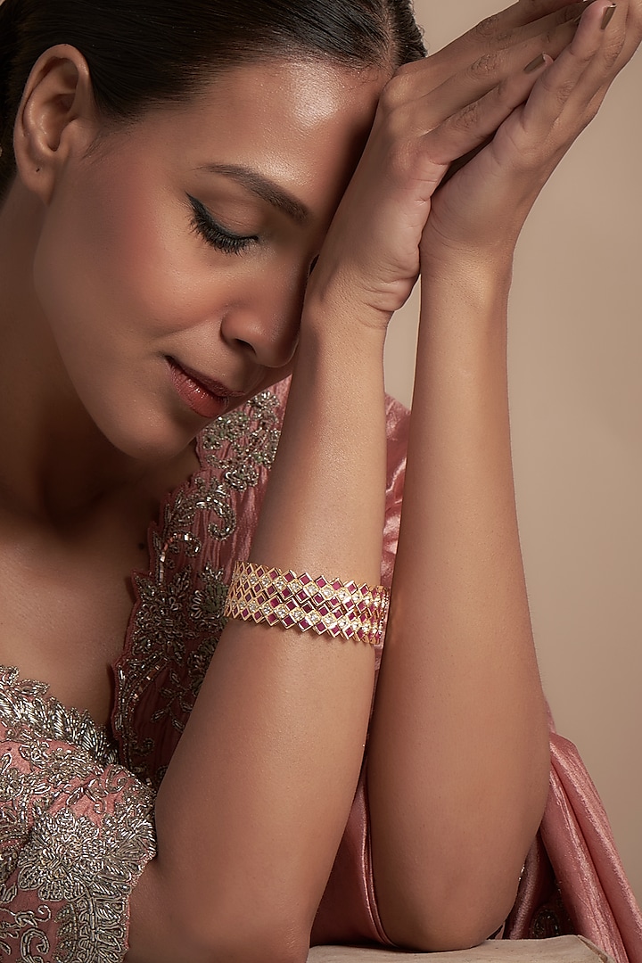 Gold Finish Zircon & Red Stone Bangles (Set of 2) by Aster at Pernia's Pop Up Shop