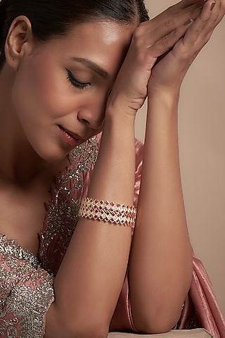 Gold Finish Zircon & Red Stone Bangles (Set of 2) by Aster