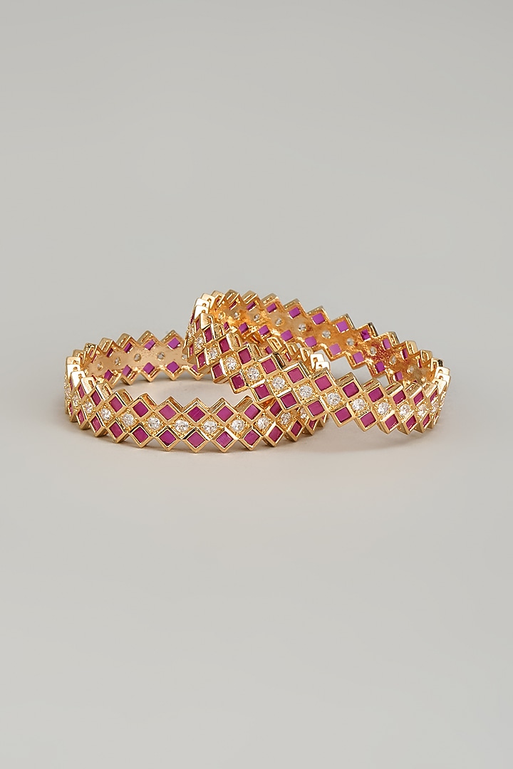 Gold Finish Zircon & Red Stone Bangles (Set of 2) by Aster at Pernia's Pop Up Shop