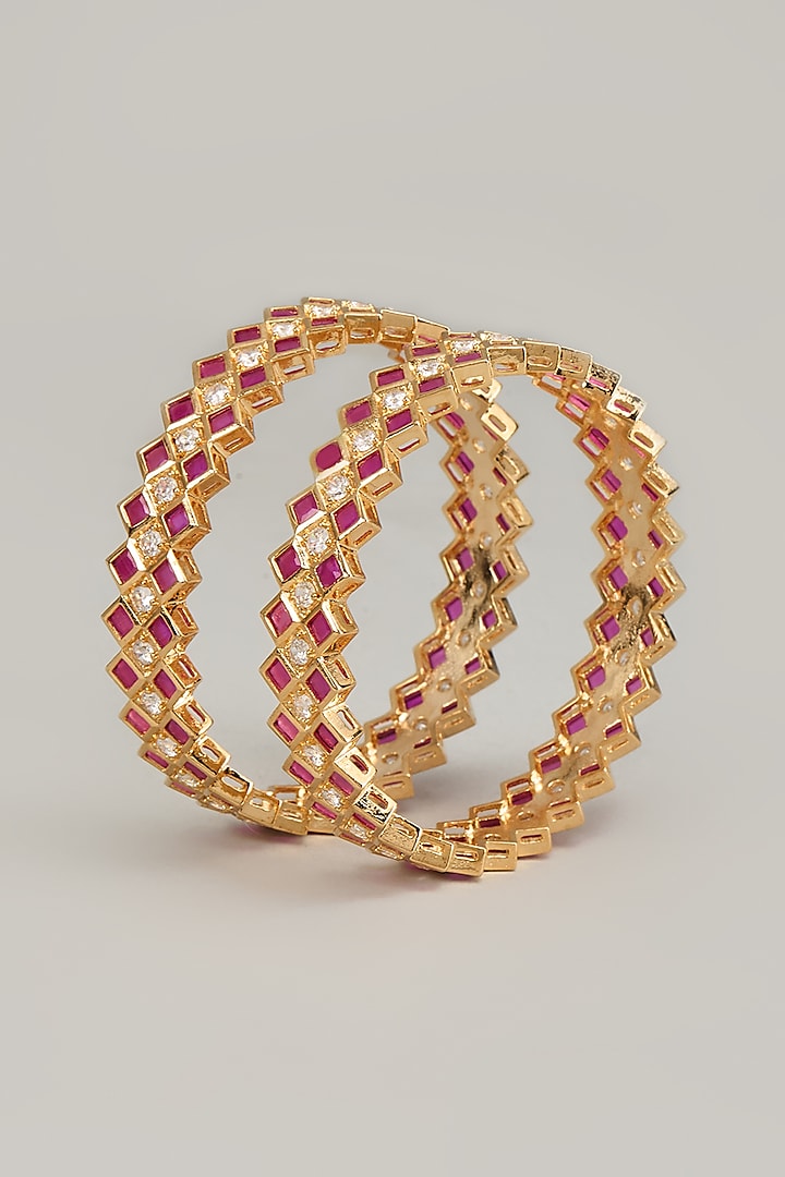 Gold Finish Zircon & Red Stone Bangles (Set of 2) by Aster at Pernia's Pop Up Shop