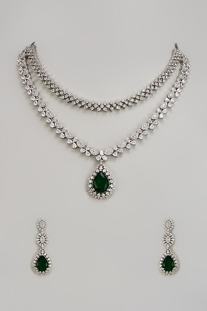 White Finish Zircon & Green Stone Layered Necklace Set by Aster at Pernia's Pop Up Shop