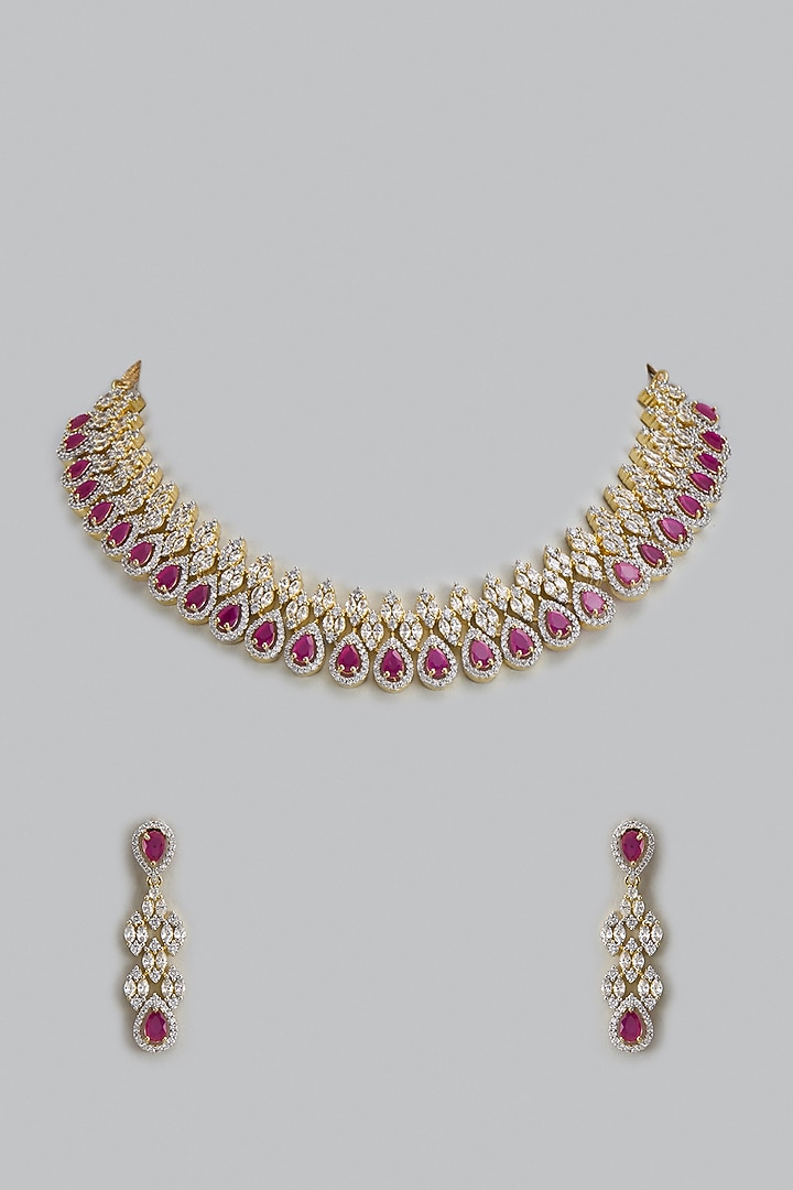 Gold Finish Zircon & Red Stone Necklace Set by Aster at Pernia's Pop Up Shop