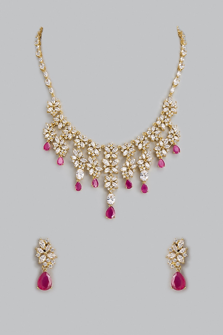 Gold Finish Zircon & Red Stone Necklace Set by Aster at Pernia's Pop Up Shop