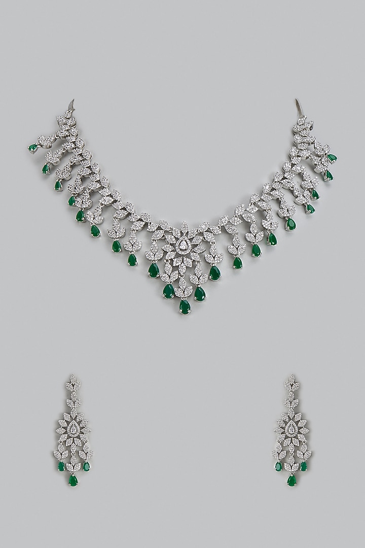 White Finish Zircon & Green Stone Necklace Set by Aster at Pernia's Pop Up Shop