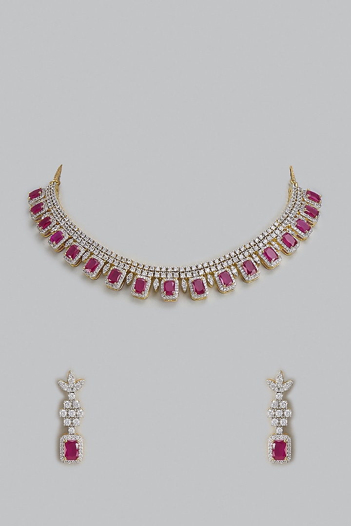 Gold Finish Zircon & Red Stone Necklace Set by Aster at Pernia's Pop Up Shop