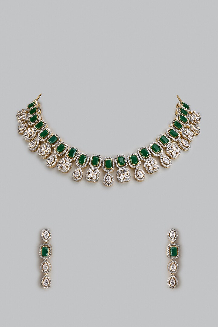 Gold Finish Zircon & Green Stone Necklace Set by Aster at Pernia's Pop Up Shop