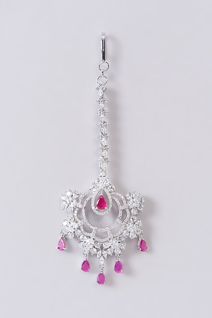 White Finish Zircon & Red Stone Maangtikka by Aster at Pernia's Pop Up Shop