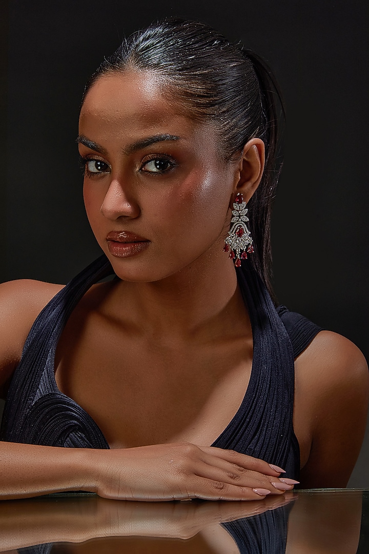 White Finish Zircon & Red Stone Dangler Earrings by Aster at Pernia's Pop Up Shop