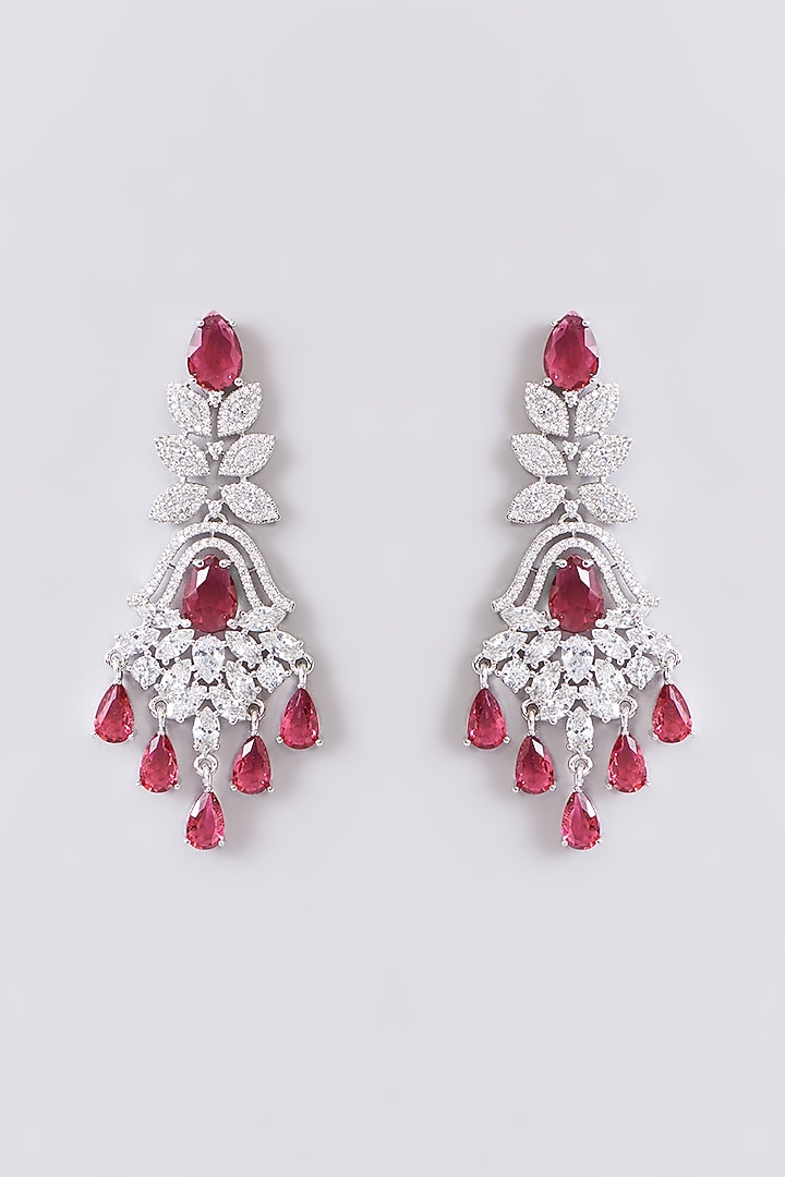 White Finish Zircon & Red Stone Dangler Earrings by Aster at Pernia's Pop Up Shop