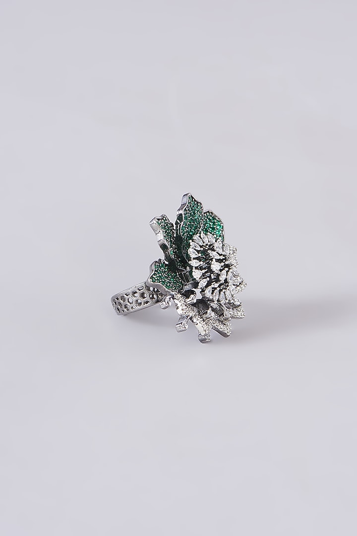 White Finish Zircon & Green Stone Ring by Aster at Pernia's Pop Up Shop