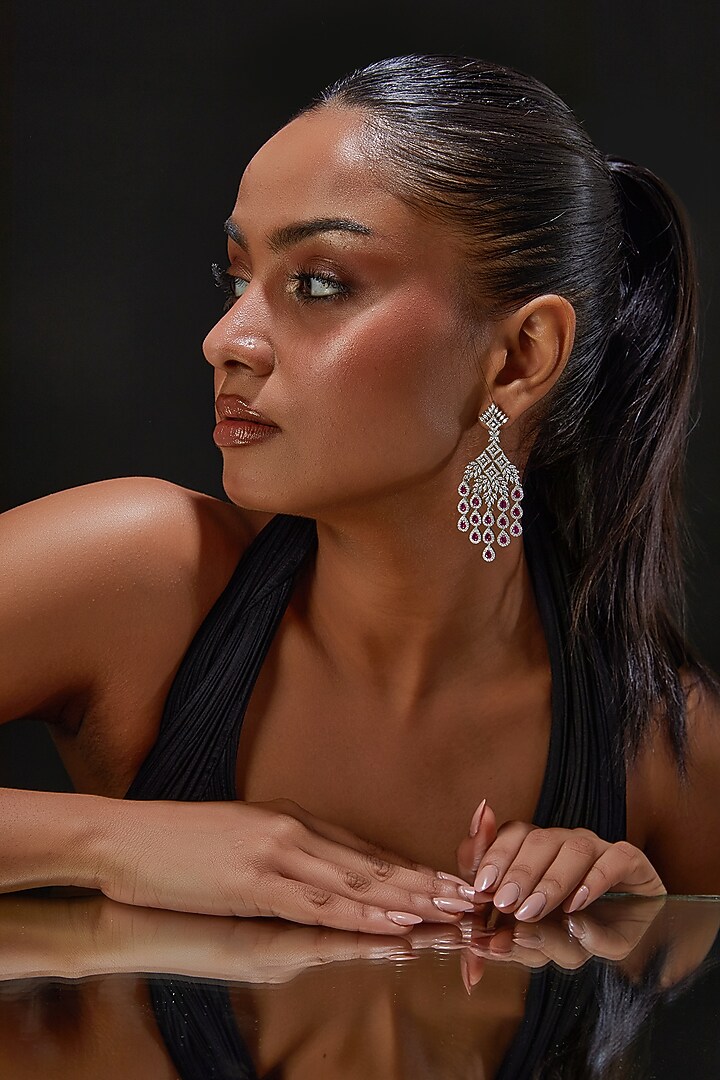 White Finish Zircon & Red Stone Dangler Earrings by Aster at Pernia's Pop Up Shop