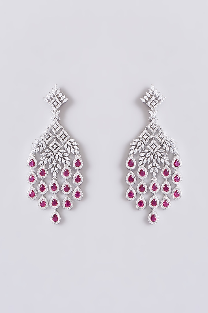 White Finish Zircon & Red Stone Dangler Earrings by Aster at Pernia's Pop Up Shop