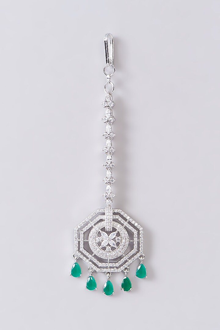 White Finish Zircon & Green Stone Maangtikka by Aster at Pernia's Pop Up Shop