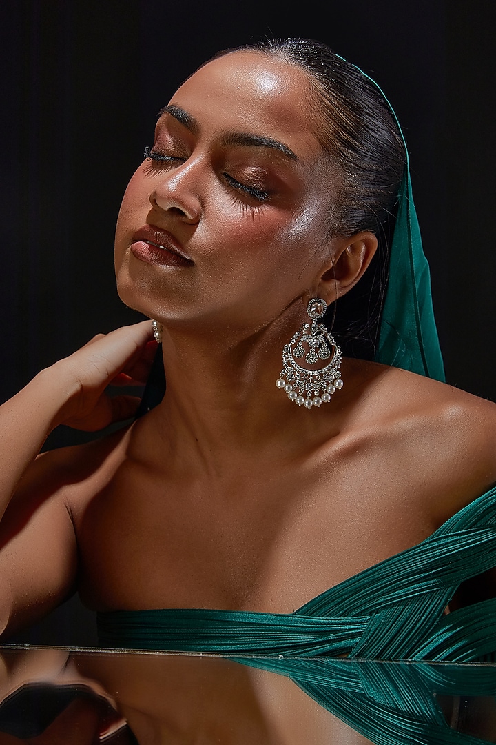 White Finish Zircon & Pearl Chandbaali Earrings by Aster at Pernia's Pop Up Shop