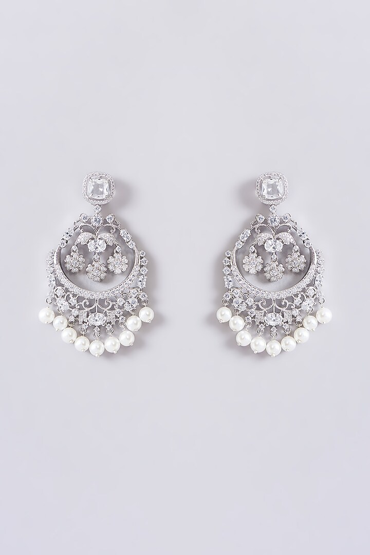 White Finish Zircon & Pearl Chandbaali Earrings by Aster at Pernia's Pop Up Shop