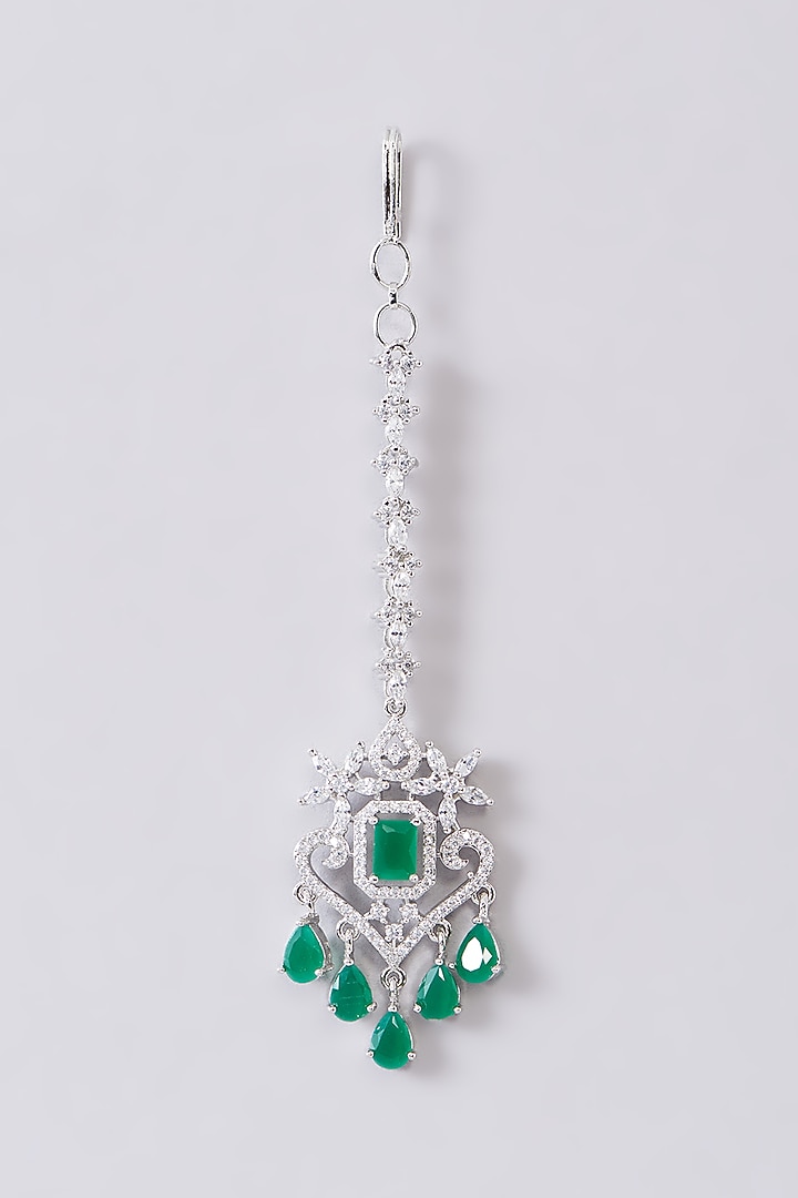 White Finish Zircon & Green Stone Maangtikka by Aster at Pernia's Pop Up Shop
