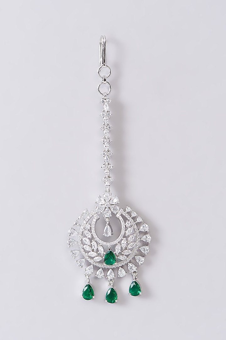 White Finish Zircon & Green Stone Maangtikka by Aster at Pernia's Pop Up Shop