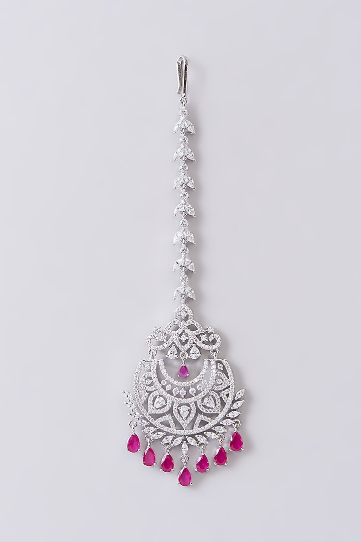 White Finish Zircon & Red Stone Maangtikka by Aster at Pernia's Pop Up Shop