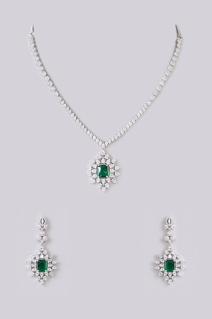 White Finish Zircon & Green Stone Necklace Set by Aster at Pernia's Pop Up Shop