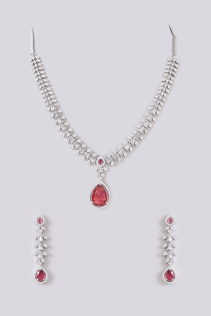 White Finish Zircon & Red Stone Necklace Set by Aster at Pernia's Pop Up Shop