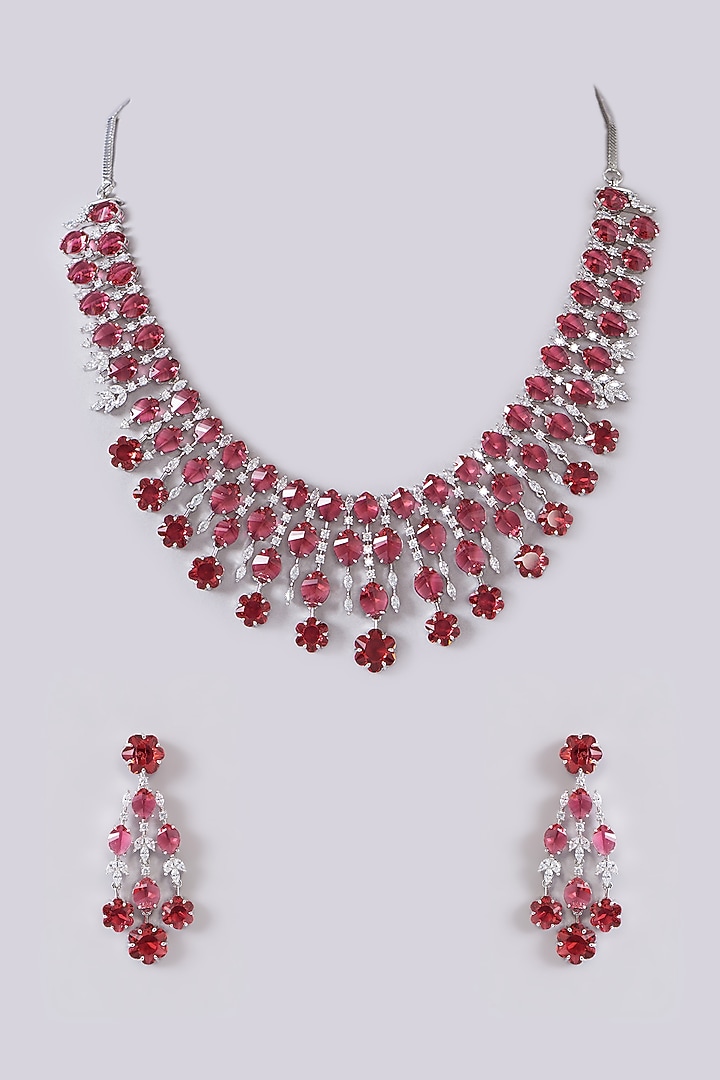 White Finish Zircon & Red Stone Necklace Set by Aster at Pernia's Pop Up Shop