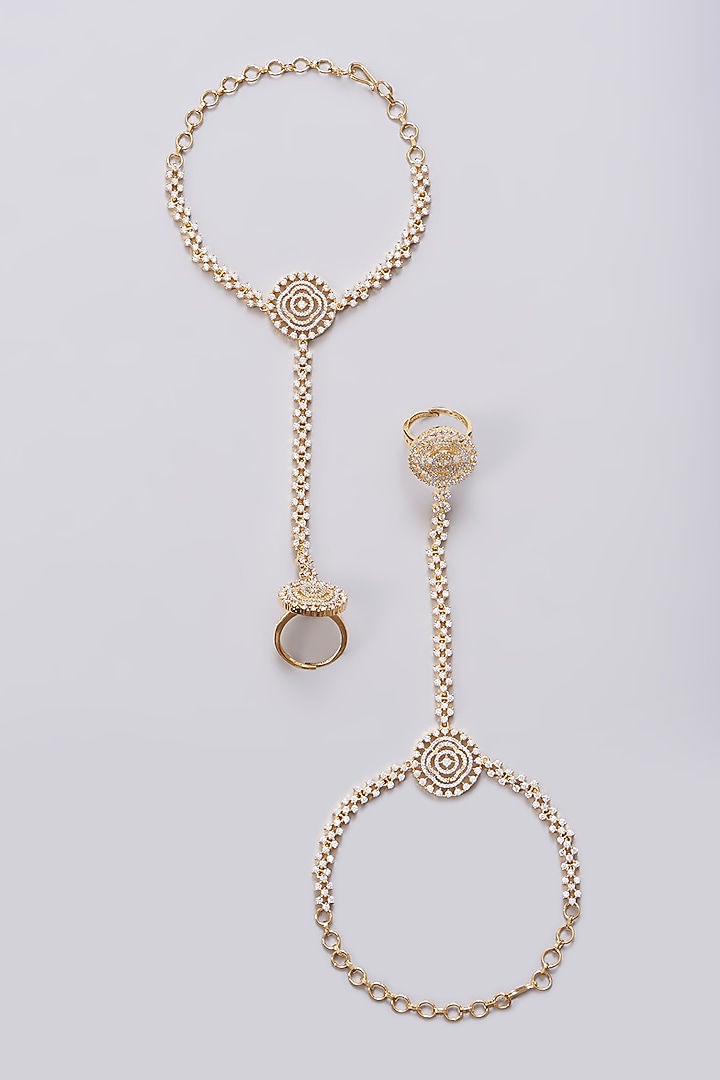 Gold Finish Zircon Hathphools (Set Of 2) by Aster at Pernia's Pop Up Shop